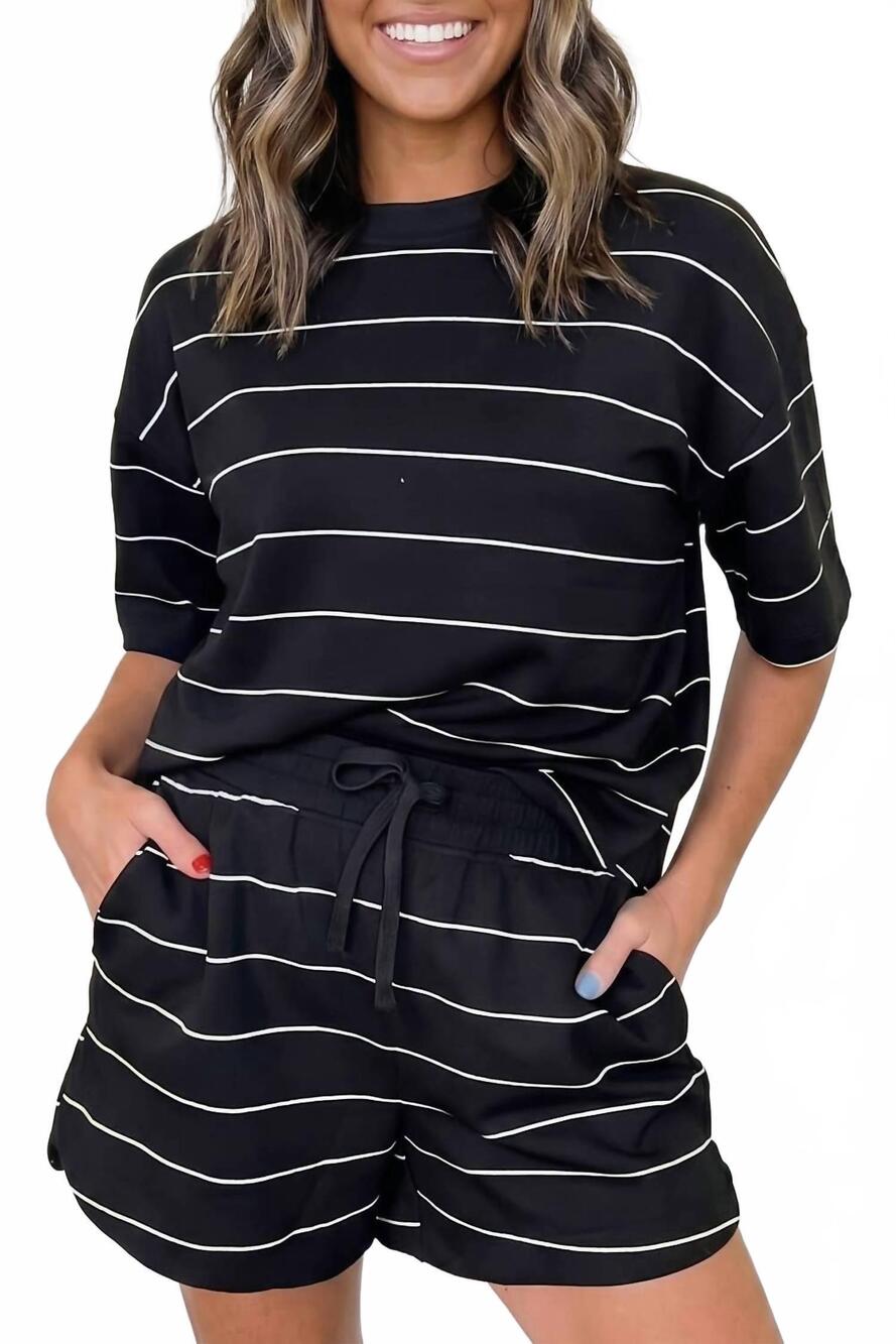 NEW 1 THE WOMAN half sleeve tee drawstring shorts set in black stripe
